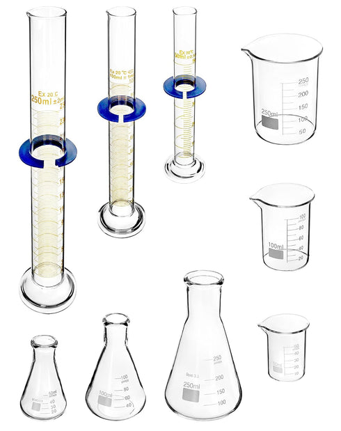 Set, Set, 9 3 3 3 3.3 QWORK Lab Glassware Beaker Flask Cylinder Pieces - Includes Erlenmeyer Flasks, Beakers, & Grade A