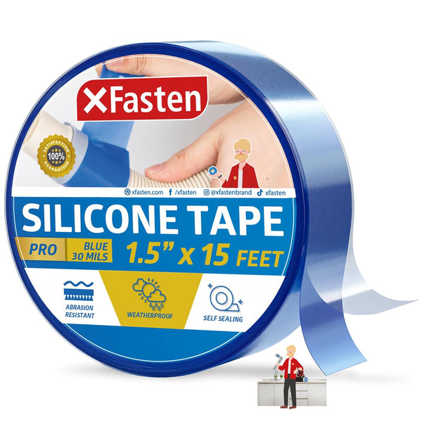 XFasten Self-fusing Silicone Tape Pro, Blue, 1.5-Inch x 15-Feet, Extreme Silicone Pipe Fix Tape for Leak Drain Pipes