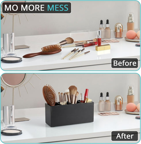 Pencil Pen Holder for Desk, Wooden Office Organizers with 4 Slots for Countertop, Makeup Brush Holder, Black