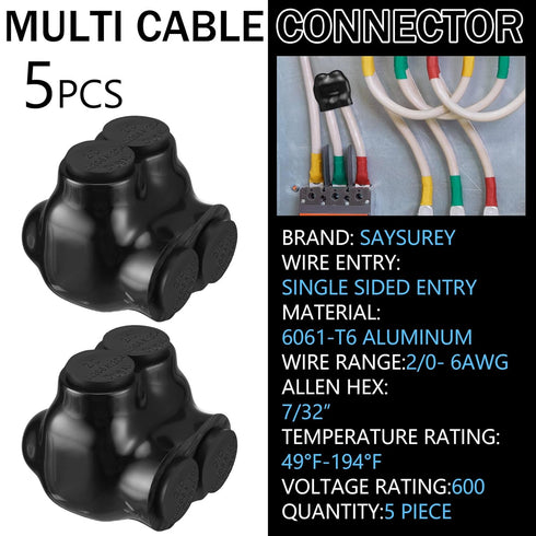 5 Pcs Insulated Multi Cable Connectors, 2 Port Single Entry Splice Electrical Power Connector Black Interconnect