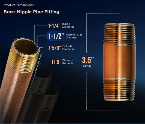 Everflow Supplies NPBR1535 Brass Nipple Pipe Fitting, 3-1/2" Long, 1-1/2" Nominal Diameter, NPT Ends