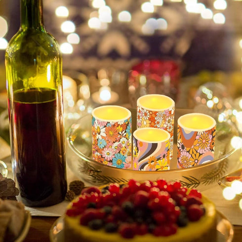 4 Hippie Daisy Flowers Pcs Flameless LED Candles with Remote Timer Control, Color Changing Flickering LED Pillar