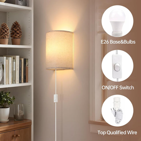 Set 2 Dimmable 3 Shenmoyl Plug in Wall Sconces of - Light Modes, Soft Fabric Linen Shade, Easy Install Wall Lamp