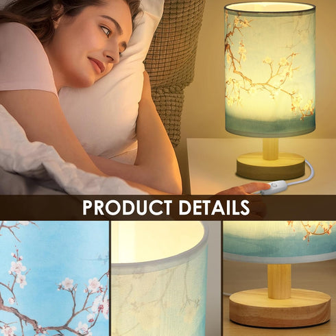 MABCIRY 2) Fabric Wood Table Lamp for Bedroom, USB LED Bedside Night Lamp with Linen Fabric Lampshade, Decorative