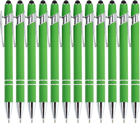 PASISIBICK 12 Pieces Green Ballpoint Pen with Stylus Tip, 2 in 1 Stylish Metal Pen for Touch Screens, Black Ink (12 PCS)