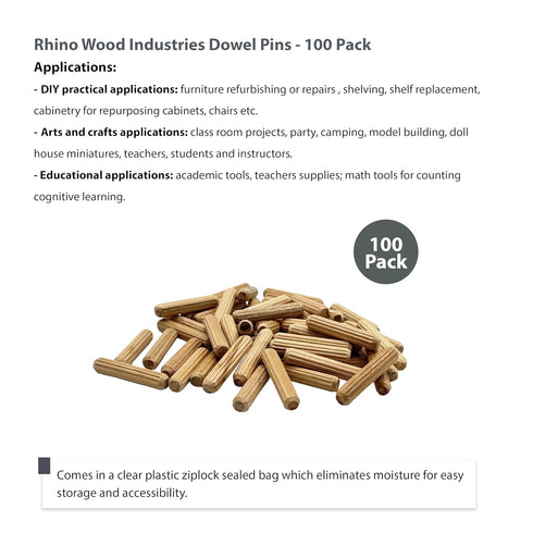 15/64" x 1 1/4" Wooden Dowel Pins - 100 Pack, Kiln Dried, Fluted, Beveled