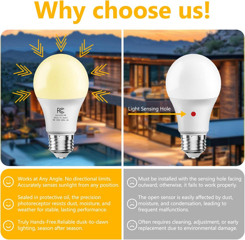 4 Pack A19 Bulbs 60W 9W, Bulb, Bulb 2700K,E26 DAYBETTER Dusk to Dawn Light Outdoor, Equivalent, Energy Efficient Light