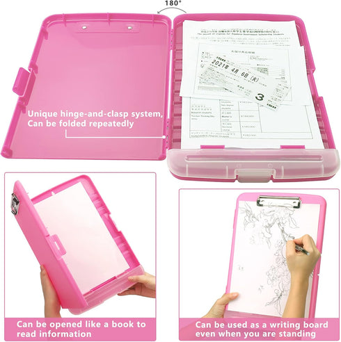 Clipboard with Storage, Foldable Nursing Clipboard, Waterproof Plastic Clipboards for Office Writing, Drawing (Pink)
