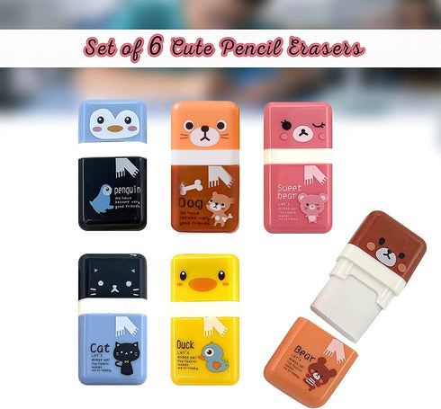 Performore 6 Pack of Cute Pencil Erasers for Kids - Mixed Fun Style Animal Themed with Clean Up Roller Pencil Rubber