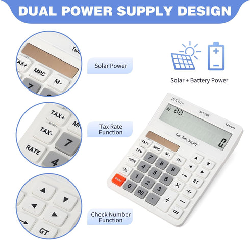 Desktop Calculator with Large Display, 12 Digits, Dual Solar Power and Battery, Tax and Check Function for Office, Home