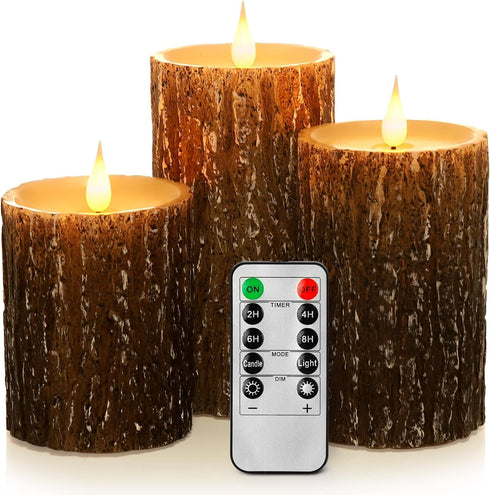 AKU TONPA Pine Bark Effect Flameless Candles Battery Operated Pillar Real Wax