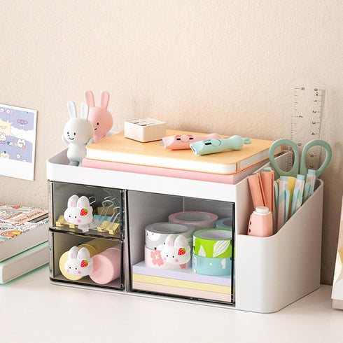 Desk Organizer with Pencil Holder and 3 Drawers, Desktop Stationery Holder for Office, Home, School (Rabbit Handle)