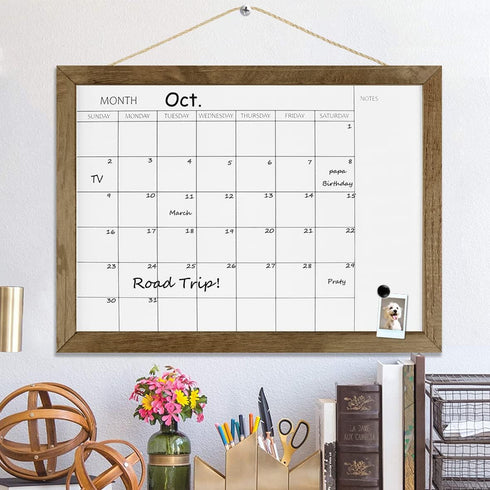 TORASO Dry Erase Monthly Calendar Board, 12"x 16" Magnetic Whiteboard with Solid Pine Rustic Brown Frame