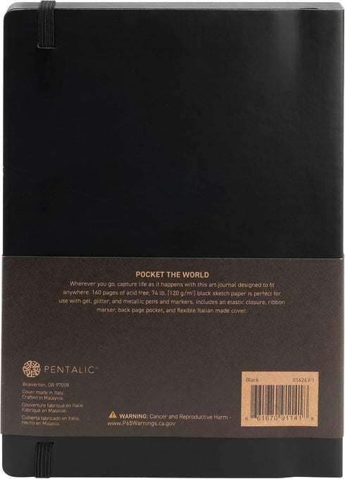 Pentalic Traveler Midnight Sketch Journal, Black Paper, 160 Pages, 6" x 8"