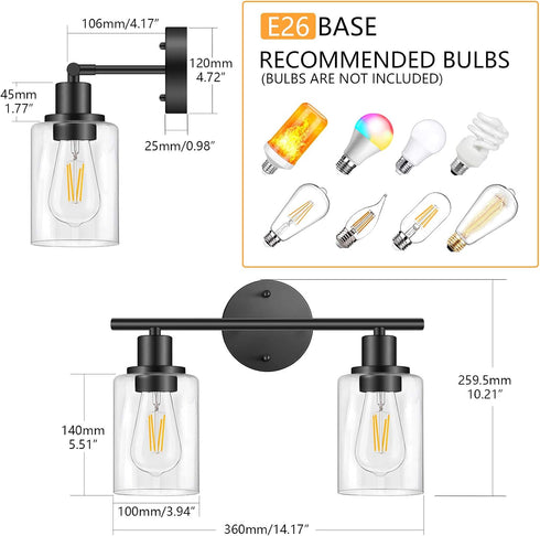 2 FOLKSMATE Bathroom Light Fixtures, Light Matte Black Vanity Light, Vintage Wall Sconces Lighting, Modern Bath Wall