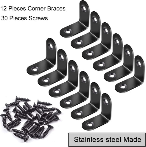 12pcs Black L Bracket Stainless Steel Corner Braces 30 x 30mm Heavy Duty Right Angle Brackets with 30pcs Screws for