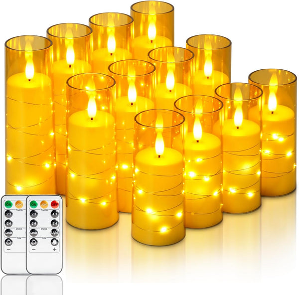 Homemory 12Pcs Flameless Candles with Star String Fairy Lights, Flickering Battery Operated