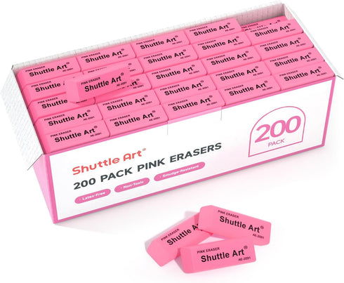 Shuttle Art 200 Pack Pink Erasers Bulk for School, Office, Latex-Free Soft Erasers for Kids, Teachers