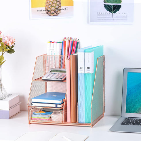 Rose Gold Desk Accessories Caddy with Sliding Drawer, Double Tray, File Organizer & Pen Holder for Office