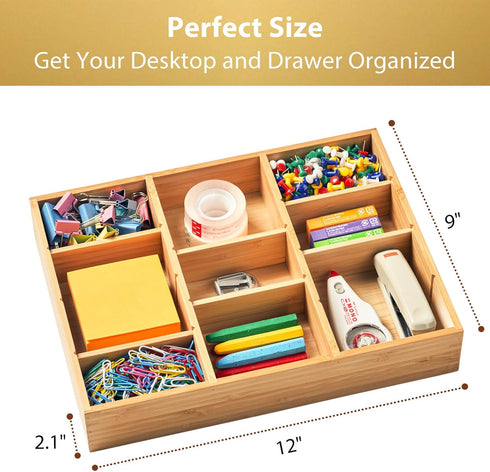 Umilife Bamboo Wood Desk Drawer Organizer Tray with Adjustable Compartments, Office Desk Accessories Storage