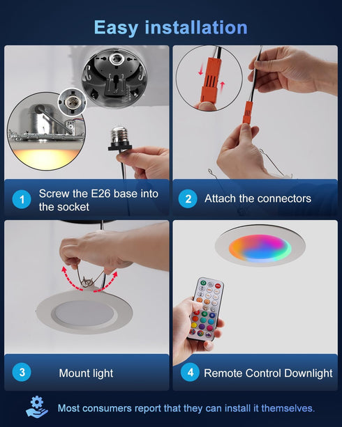 6 Inch, 13W 1300LM, Dimmable 1 Pack Recessed Lighting RGBCW Color Changing LED Can Lights, Flicker Free, Retrofit