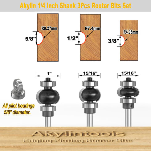 3Pcs Set,1/4" R3/16,R5/16,R3/8, Edging Fluting Bits Shank,Double Bearings Guided Concave Sunk Bead Router Bits Radius