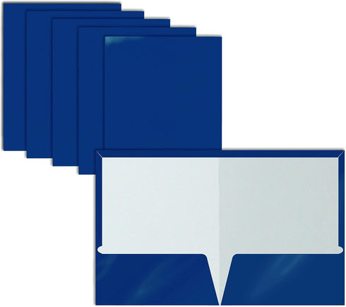 Better Office Products 2 Pocket Glossy Laminated Blue Paper Folders, Letter Size, Blue Paper Portfolios, Box of 25 Blue