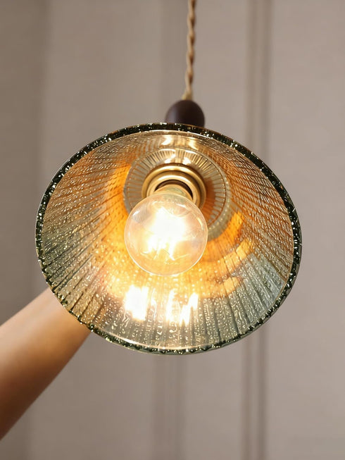 YJQHXY E26 4.72" 6.56 Amber-Green Stained Glass Cone Pendant Light, Fluted Shade, Brass Socket with Ceramic Core, US