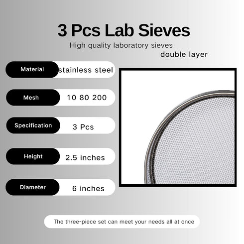 3 Pcs Lab Sieves, 6 Inch Diameter Test Sifter 10Mesh (2.19mm), 80Mesh (0.217mm), and 200 Mesh (0.077mm)