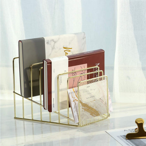 Simmer Stone Incline File Sorter, 7 Slot Magazine Holder for Letter, Document, Folder, Metal Desktop Organizer, Gold