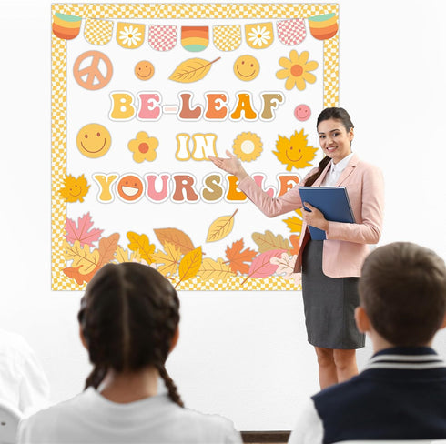 Fall Bulletin Board Decorations Set, Groovy Autumn Classroom Decor with Motivational Leaves Cutouts