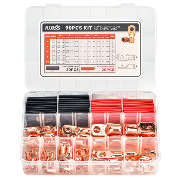 IWISS Copper Battery Lugs Assortment, 90PCS Cable Lugs for AWG 8, 6, 4, 2, 1/0 with Heat Shrink Tubes