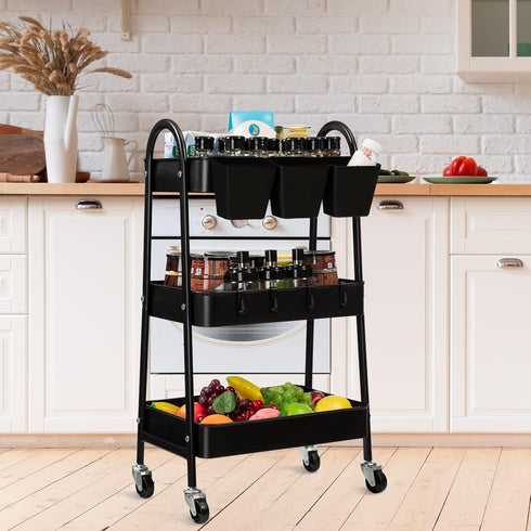 danpinera 3-Tier Rolling Cart, Metal Storage Cart with Lockable Wheels, Hanging Cups & Hooks, Black