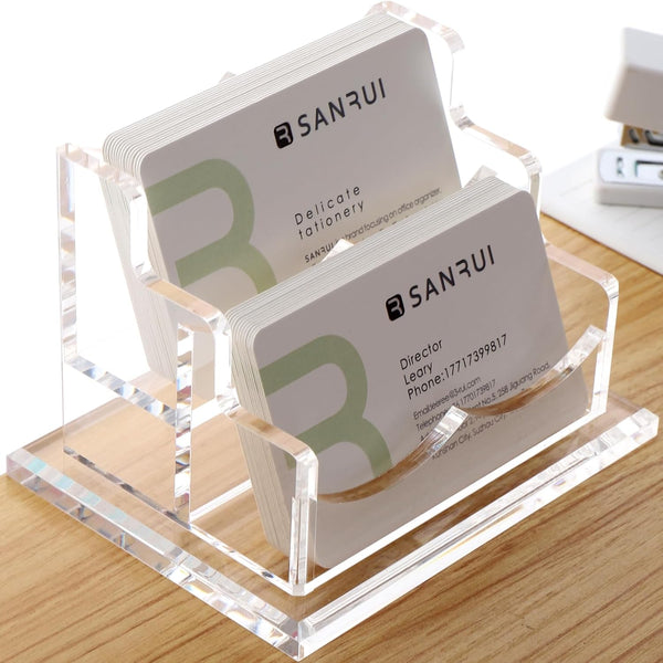 SANRUI Business Card Holder for Desk, Clear Acrylic Horizontal Business Card Display Stand with 2 Slots
