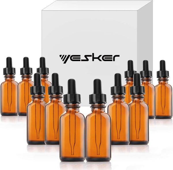 Yesker Amber Glass Bottles for Essential Oils 30 ml (1oz) with Glass Eye Dropper, 12 Pack for Oils, Lab Chemicals