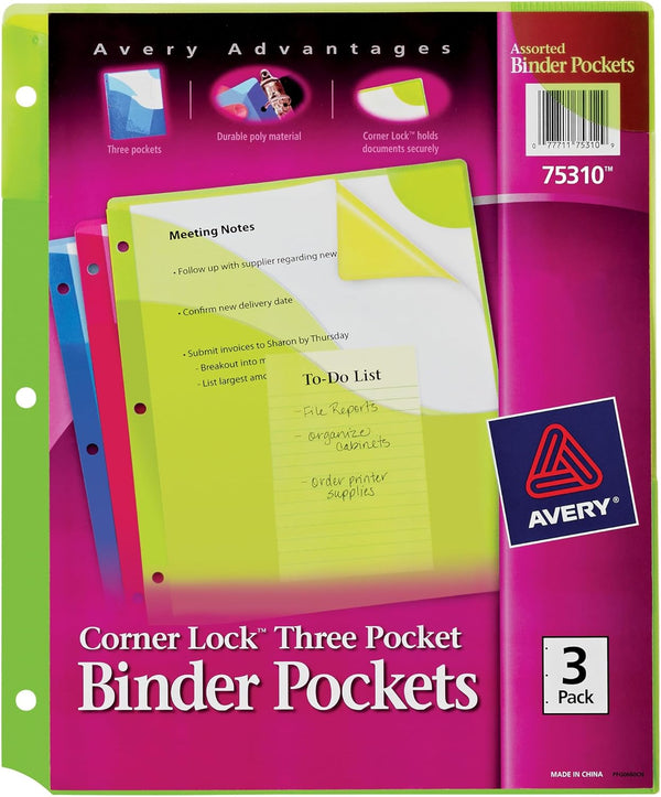 Avery Corner Lock Binder Pockets for 3 Ring Binders, Assorted Colors, 8.5" x 11" Documents, 3 Total