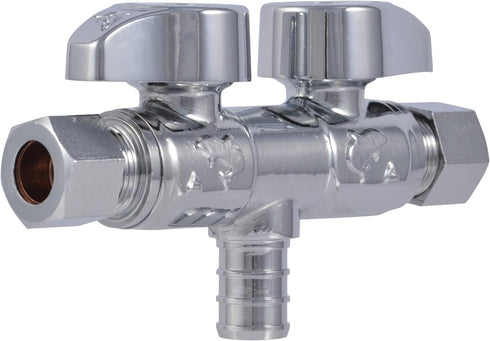 SharkBite 1/2 x 3/8 x 3/8 Inch Brass Crimp Angle Stop Valve, Dual Shut Off, PEX Pipe