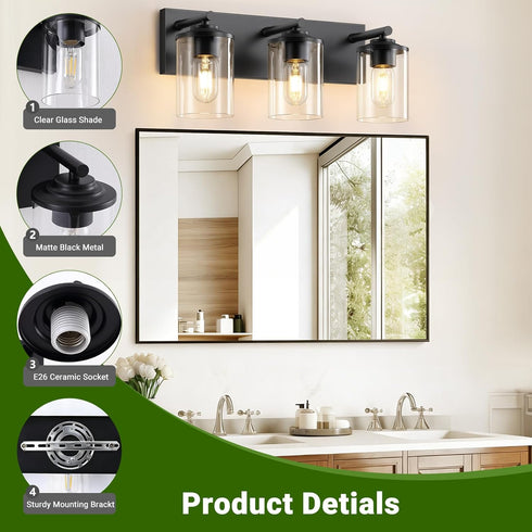 Mikniri 3-Light Bathroom Light Fixtures, Matte Black Bathroom Vanity Lighting Over Mirror with Clear Glass Shades
