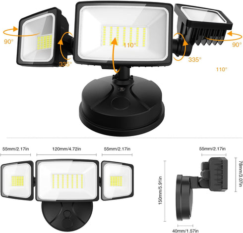 75W 7000LM 3 IP65 6500K Onforu Flood Lights Outdoor, Brightness Security Lights Switch Controlled, Adjustable Heads