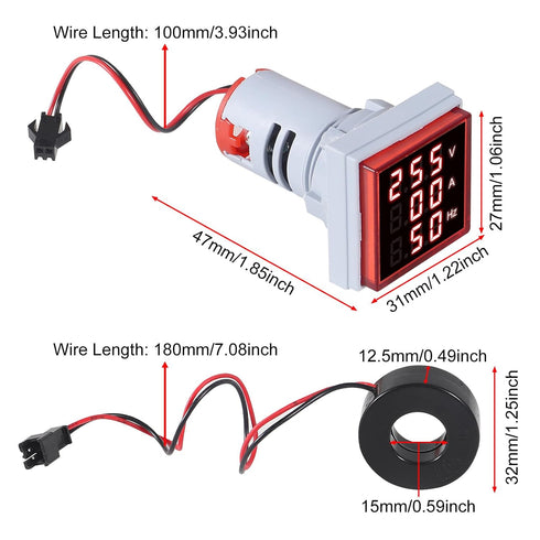 3pcs 3 in 1 60-500V 0-100A AC Digital Ammeter Voltmeter, 22mm Square Digital Tube Screen with Transformer, LED Display Voltage Detector Current Tester Gauge(Red)
