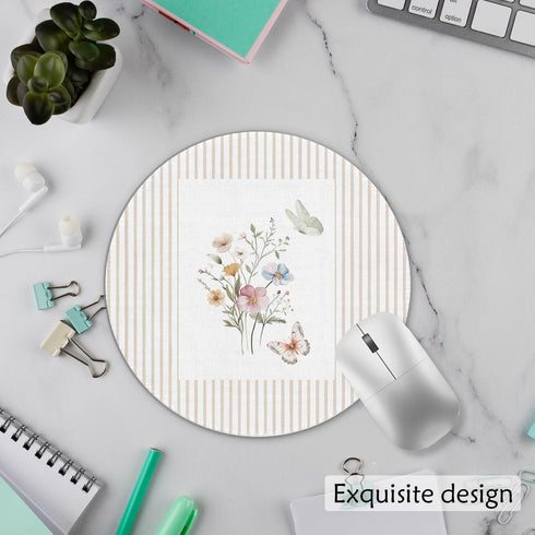 Qykwz 7.9x7.9 Inch Boho Floral Butterfly Mouse Pad, Preppy Wild Flower Botanical Neutral Striped Mousepad for Computers