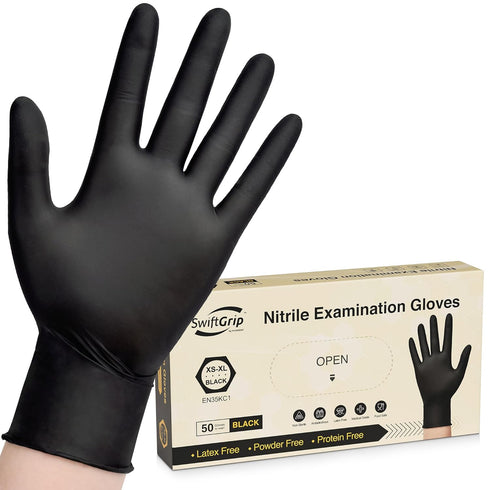 Disposable Nitrile Exam Gloves, 3-mil, Black Latex Free for Medical, Cooking & Esthetician, 50-ct Box (XL)