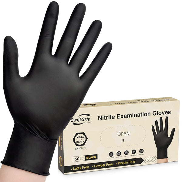 Disposable Nitrile Exam Gloves, 3-mil, Black Latex Free for Medical, Cooking & Esthetician, 50-ct Box (XL)