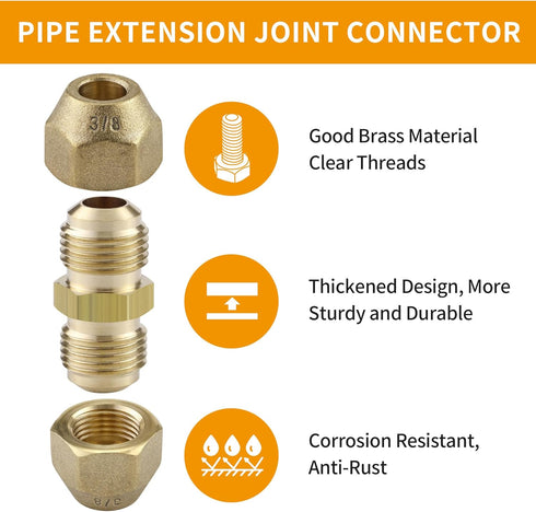 2 Packs AC Copper Pipe Extension Joint Connectors, 3/8-Inch Air Conditioning Pipe Coupling Adapters with Flare Nuts