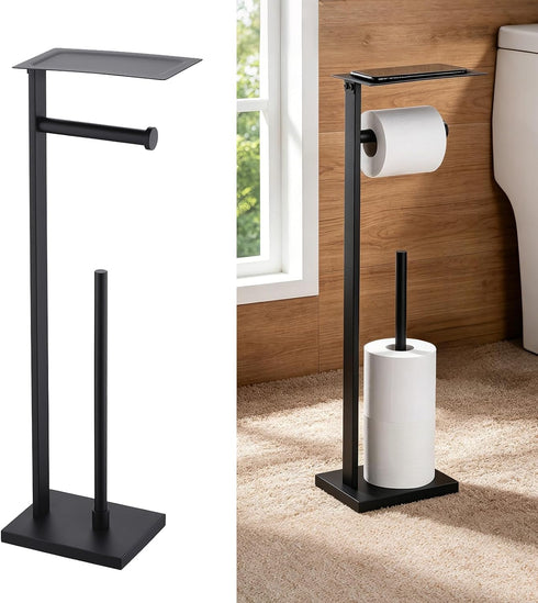 Miyili Matte Black Freestanding Toilet Paper Holder with Shelf, Premium SUS 304