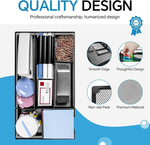 Desk Drawer Organizer, Black - Office Drawer Divider Tray with 6 Compartments, Metal Mesh for Stationery & Makeup
