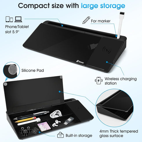 Varhomax Black Glass Desk Whiteboard with Wireless Charger, Desktop Dry Erase Board, Memo Notepad for Home Office