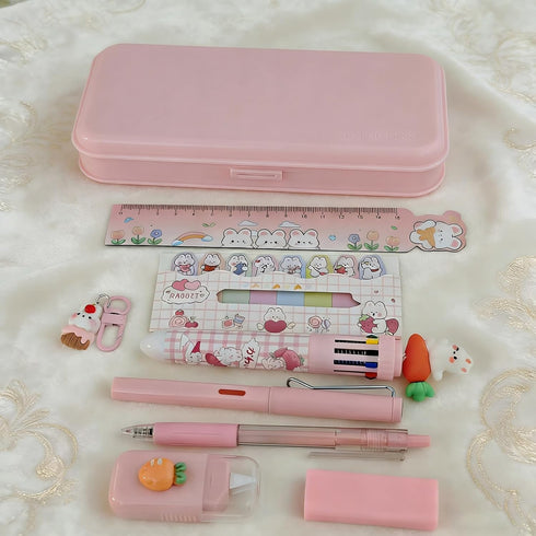 SHIDESHIN 9 Set Pcs Cute Pink Stationery Carrot Rabbit Kawaii Office Supplies Including Pens Pencil Eraser Ruler