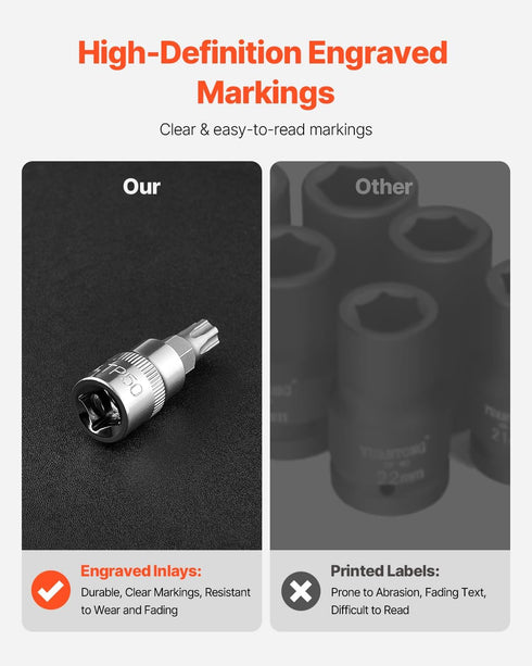 Set, 60-Piece T6-T70, TT6-TT70, TP8-TP60, E4-E24, S2 1/4 3/8 1/2 VEVOR Torx Bit Socket and External Torx Socket Alloy