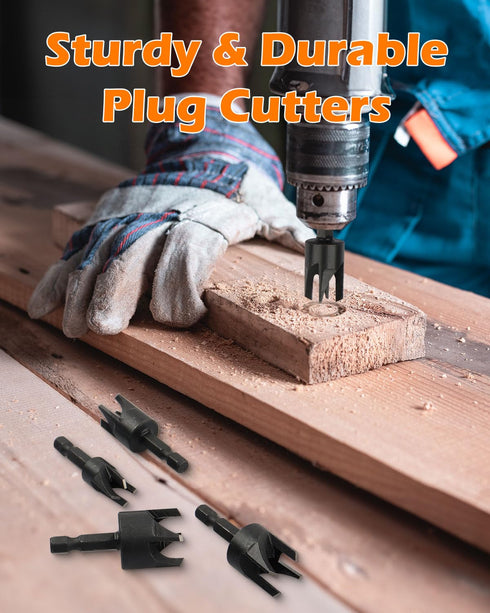 Plug Cutter, 8Pcs Wood Plug Cutters Drill Bit Set with 1/4 Hex Shank, Straight and Tapered Cutting Tool